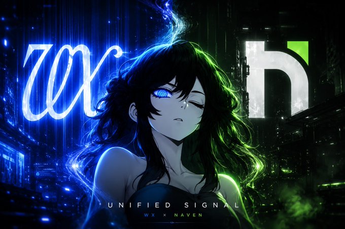 An anime-style illustration of a girl with glowing blue eyes and flowing hair illuminated by blue and green neon light, with the text "UNIFIED SIGNAL" and "WX x NAYEN" at the bottom.