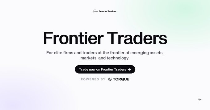The image displays a promotional banner for "Frontier Traders," featuring the tagline "For elite firms and traders at the frontier of emerging assets, markets, and technology," with a "Trade now on Frontier Traders" button and noting the platform is "Powered by Torque." This banner relates to the post by serving as the platform branding for where users can log in to claim their rewards from the Micron, SanDisk, or Robostrategy events.
