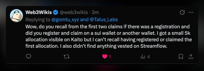 A screenshot of a tweet from Web3Wikis (@web3wikis) replying to @gomtu_xyz and @Talus_Labs, asking about a 5k allocation visible on Kaito and mentioning not finding anything vested on Streamflow.
