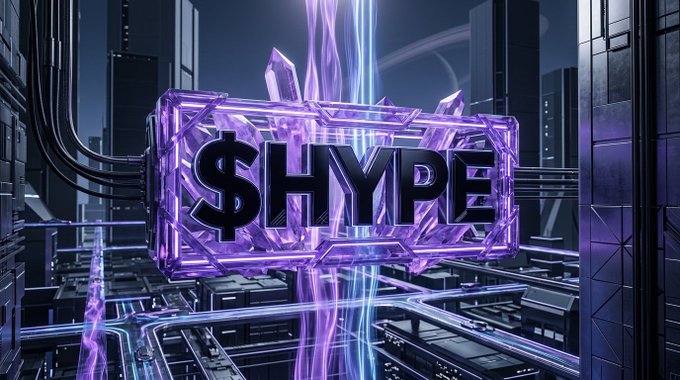 3D rendered text '$HYPE' displayed in a glowing purple crystal frame against a futuristic city backdrop.