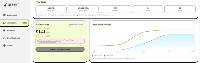 A dashboard for the 'grass' platform displays stats including 102.26 Epoch Points, 12,582,299 Referral Points, 235 Total Nodes, 3 Network and 39 Networks, with an allocation of $1.41 USDC.