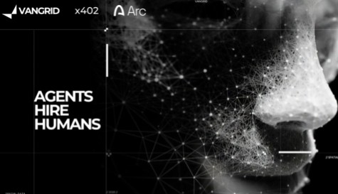A dark, futuristic graphic with the text 'VANGRID x402 Arc' and 'AGENTS HIRE HUMANS' overlaid on a stylized digital profile of a face made of geometric mesh lines.