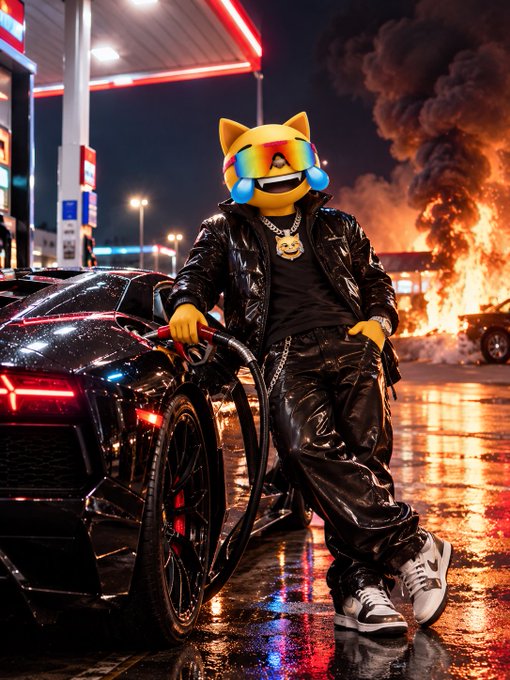 A glossy cartoonish cat character wearing reflective sunglasses, a black jacket, and sneakers leans against a sleek black sports car at a gas station, with a dramatic fire blazing in the background—evoking a rebellious, larger-than-life "hustler" energy that mirrors the post's bold message to accumulate $MOG for wealth.