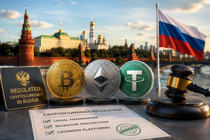 Promotional image for cryptocurrency regulation in Russia, showing the Kremlin and Russian flag in the background with representations of Bitcoin, Ethereum, and Tether coins alongside a gavel and approved regulation checklist.