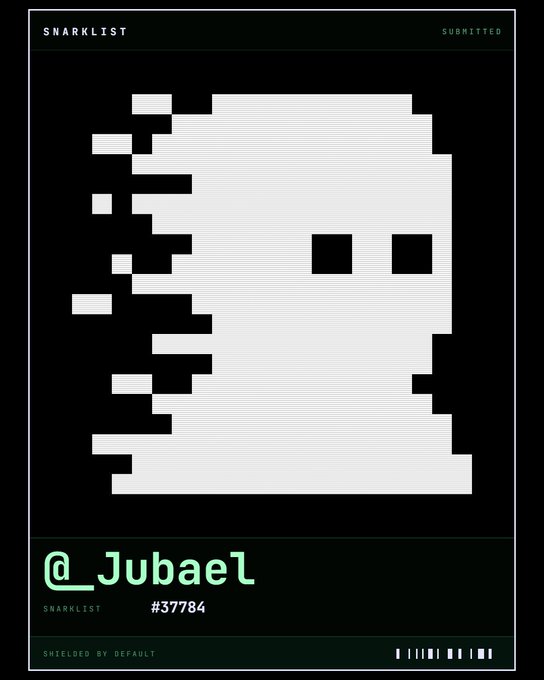 A dark pixel-art style poster titled 'SNARKLIST' showing a glitchy ghost-like figure, credited to '@_Jubaael' with number #37784.