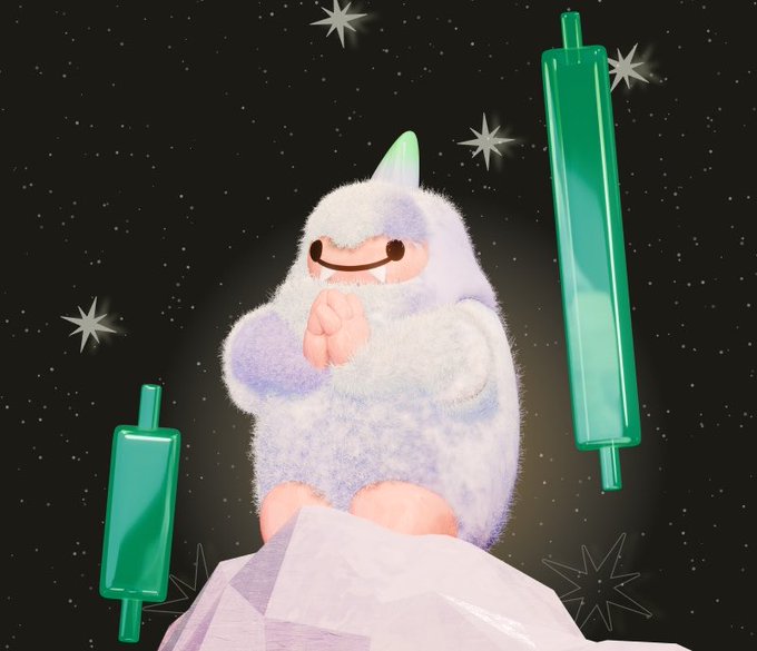 A fluffy, pastel-colored character with a smiling face sitting on an ice-like structure against a starry space background, flanked by two floating green popsicle shapes.