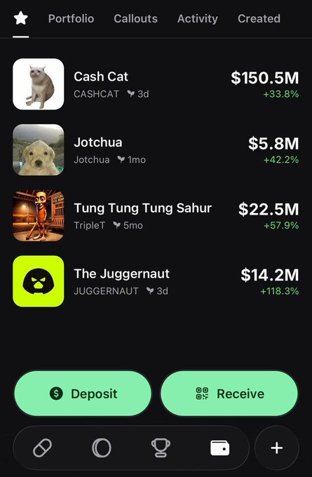 A portfolio screen on the Pump fun app shows top 24-hour movers including Cash Cat (CASHCAT) at $150.5M (+33.8%), Jotchua at $5.8M (+42.2%), Tung Tung Tung Sahur (TripleT) at $22.5M (+57.9%), and The Juggernaut (JUGGERNAUT) at $14.2M (+118.3%), highlighting gains available to traders using the platform's new Solana and Robinhood Chain trading features.
