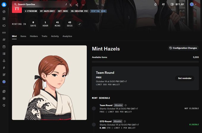 A screenshot of the OpenSea NFT minting page for "Hazels" on the Ethereum network, showing a countdown timer (0 days, 1 hour, 41 mins, 43 secs) to the minting close, with a featured anime-style illustration of a girl with brown hair in a kimono, and mint schedule information indicating an attended Team Round and an ELIGIBLE GTD Round at 0.006 ETH starting at 9:00 PM GMT+7 with a 1-per-wallet limit—matching the post's details about securing the guaranteed mint.