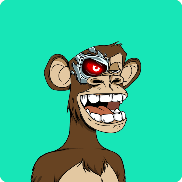 The image features a cartoon monkey with a red eye, wearing a helmet that has a futuristic design. The monkey appears to be smiling and is wearing a pair of goggles. The background color of the image is blue, which contrasts with the monkey's brown fur. There are no other objects or text in the image besides the monkey and its surroundings.