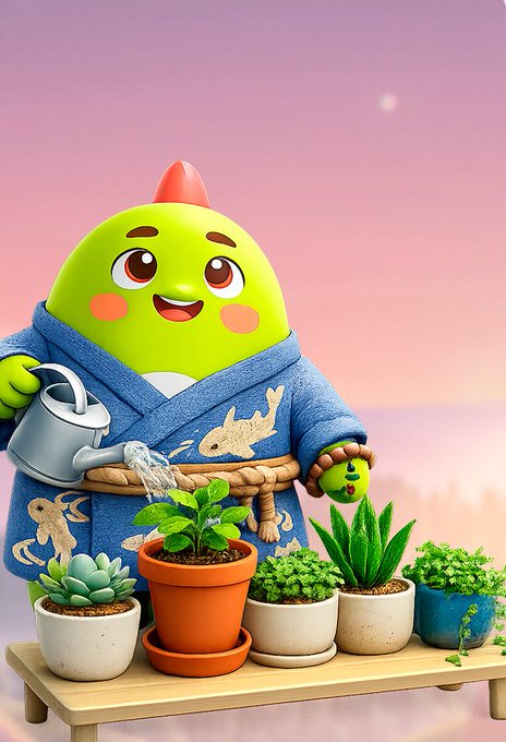 3D rendered illustration of a cute green cartoon character in a blue robe watering potted plants and succulents on a wooden table against a pink and orange sunset sky.