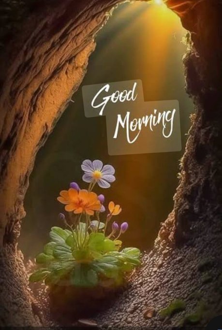 The image features a beautiful flower arrangement with purple, orange, and white flowers placed inside a small pot. The flowers are positioned at the center of the image, drawing attention to their vibrant colors and delicate petals. In the background, there is a cave-like structure that adds an element of mystery and depth to the scene. The caption "Good Morning" written in white text above the flower arrangement suggests that it might be related to a morning greeting or a celebration of mornings.