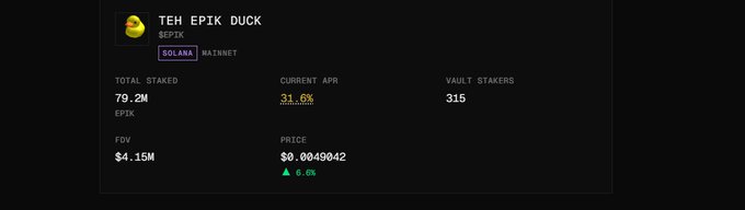 Cryptocurrency dashboard for 'TEH EPIK DUCK' ($EPIK) on Solana Mainnet, showing 79.2M total staked, 31.6% current APR, and a price of $0.0049042.
