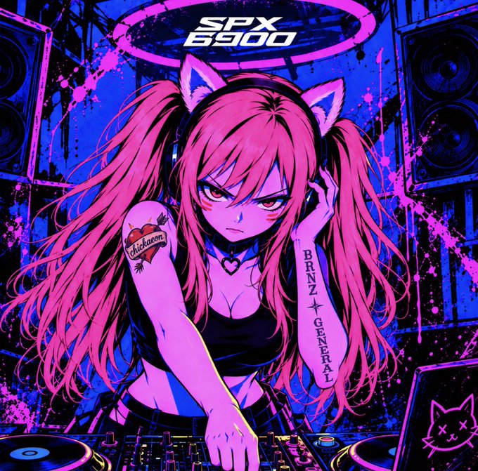 An anime-style illustration features a pink-haired girl with cat ears and headphones at a DJ booth, with text reading 'SFX 6900' and 'BRNZT GENERAL' and a 'chickoron' heart tattoo.