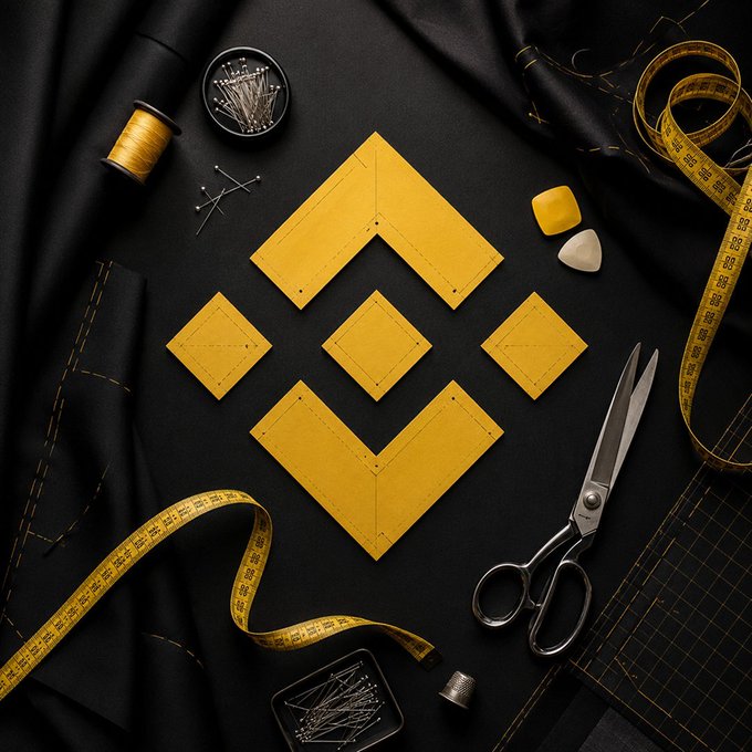 The Binance logo outlined in yellow stitching is surrounded by tailoring tools like scissors, a measuring tape, thread, and pins on dark fabric.