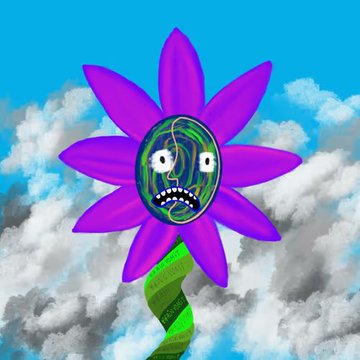 Digital artwork of a purple flower with a face in its center against a cloudy sky background.