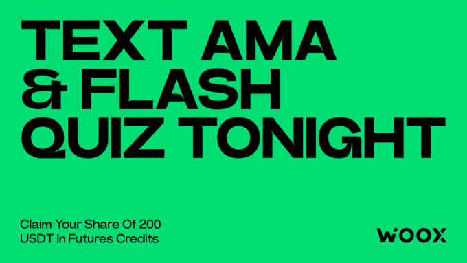 A bright green promotional graphic from WOO X announcing a "TEXT AMA & FLASH QUIZ TONIGHT" event, with smaller text reading "Claim Your Share Of 200 USDT In Futures Credits" and the WOO X logo in the bottom right corner, supporting the post's call to join the Telegram community at 8:00 PM UTC+8 for the AMA and a chance to win $10 in the quiz.