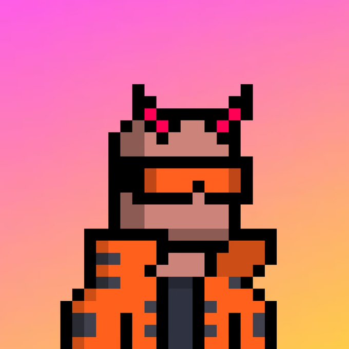 A pixel art portrait of a character with pink devil horns and red eyes, wearing an orange jacket, against a pink-to-yellow gradient background.