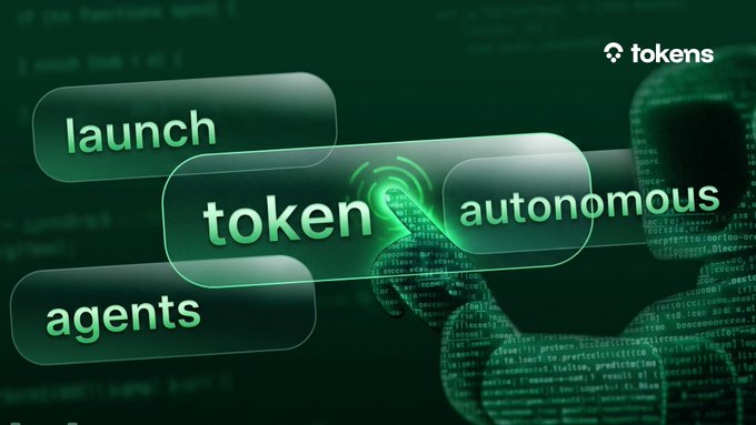 A promotional graphic with green text bubbles reading 'launch', 'token', 'autonomous', and 'agents' overlaid on a background of code, with the 'tokens' logo in the top right corner.
