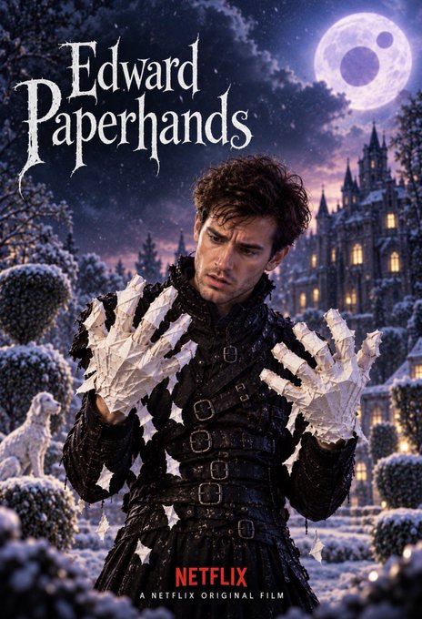 A dramatic Netflix movie poster titled "Edward Paperhands" features a brooding, gothic hero with jagged paper-like hands in a snowy, moonlit setting. The joke ties to the image by parodying the famous "Edward Scissorhands" while suggesting his scissor-hands have been replaced with fragile paper—a metaphor for traders who sold too easily at the first sign of loss.