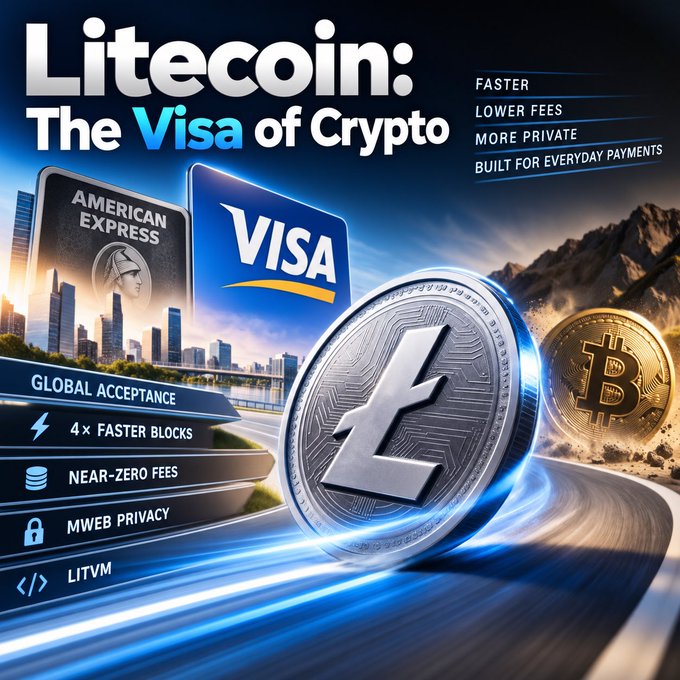 A promotional graphic titled 'Litecoin: The Visa of Crypto' featuring credit cards, a large Litecoin coin, and listing features like 'FASTER', 'LOWER FEES', 'GLOBAL ACCEPTANCE', and 'NEAR-ZERO FEES'.