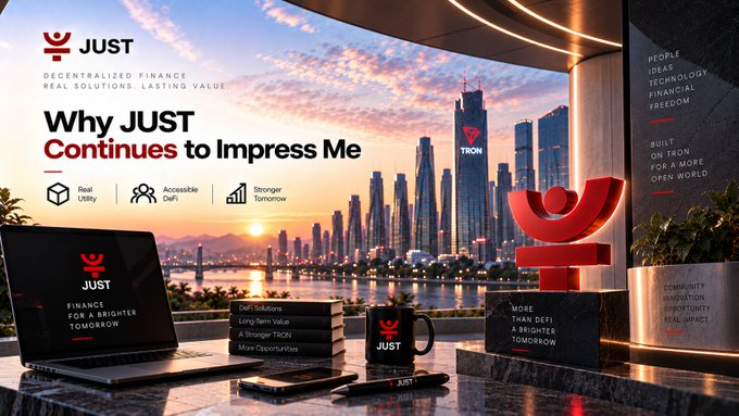 A promotional graphic for "JUST" cryptocurrency displays the headline "Why JUST Continues to Impress Me" with subtext "Decentralized Finance: Real Solutions, Lasting Value," featuring branded merchandise like a laptop, mug, notebook, and phone alongside a cityscape with the "TRON" logo.