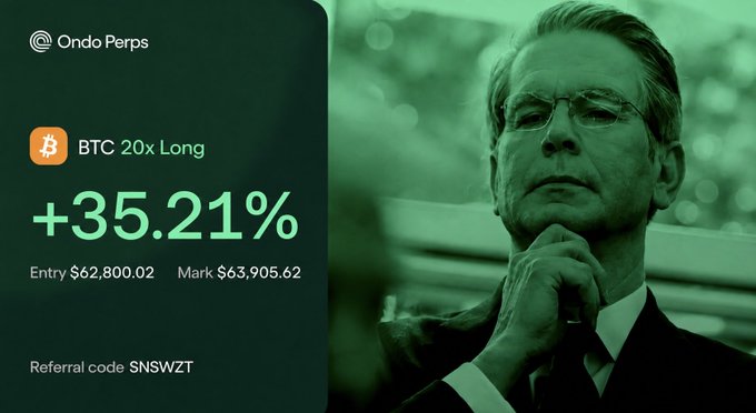 A promotional image for Ondo Perps showing a BTC 20x Long position with +35.21% return, entry at $62,800.02 and mark price at $63,905.62, featuring a man in glasses in a green-tinted image with referral code SNSWZT.