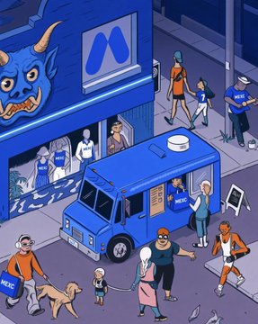 An illustrated street scene shows a blue 'NEXT' branded food truck outside a store with a blue logo, surrounded by people including a woman with a dog and a person in a wheelchair.