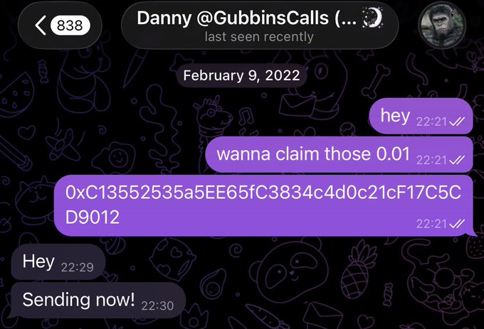 A messaging app screenshot showing a user named 'Danny @GubbinsCalls' discussing a transaction involving a crypto wallet address starting with '0xC13552535a5EE65fC3834c4d0c21cf17C5C'.