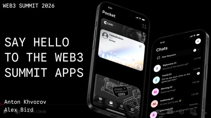 The image showcases the Web3 Summit 2026 app promotion, featuring two smartphone screens displaying a "Pocket" interface with CASH, membership cards, chats, and Chaos Coordinator features, presented by Anton Khvorov and Alex Bird. The visual ties to the post by illustrating the accessible "Super App" concept Polkadot envisions for Web3 mass adoption, showing a user-friendly mobile interface that combines financial tools, communications, and web3 functionality in one platform.