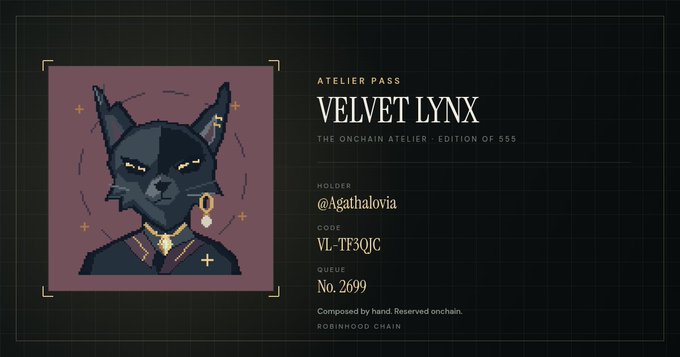 An "Atelier Pass" NFT certificate for "VELVET LYNX" from The Onchain Atelier Edition of 555, held by @Agathalovia, displayed on Robinhood Chain.