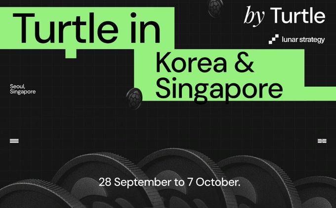 A promotional graphic for Turtle's upcoming Asia tour features bold green text reading "Turtle in Korea & Singapore" against a dark background with coins and gear imagery, with the date "28 September to 7 October" displayed at the bottom. The "by Turtle | lunar strategy" branding appears in the upper right, alongside location labels for Seoul and Singapore, tying directly to the announcement of their appearances at The Bridge Summit, Liquidity Evening, Token2049, and DAS Asia.