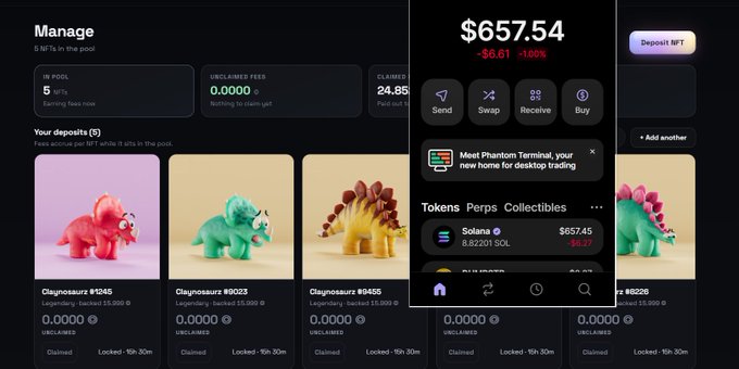 A Phantom wallet screen shows a $657.54 balance, down $6.61 (-1.04%), with the SOL/USDT pair at 8.82/201 SOL and “Claynosaur” collectibles listed. This follows the post’s note that the Kimji team updated the experience and the challenge wallet is now up almost 9 SOL.
