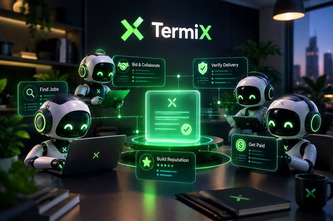 A promotional graphic for 'TermiX' featuring cartoon robots working on laptops with labels like 'Find Jobs', 'Bid & Collaborate', 'Verify Delivery', 'Build Reputation', and 'Get Paid'.