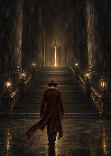 A dark fantasy digital artwork showing a figure in a red coat standing at the bottom of a grand stone staircase leading up to a glowing doorway in a gothic hall.