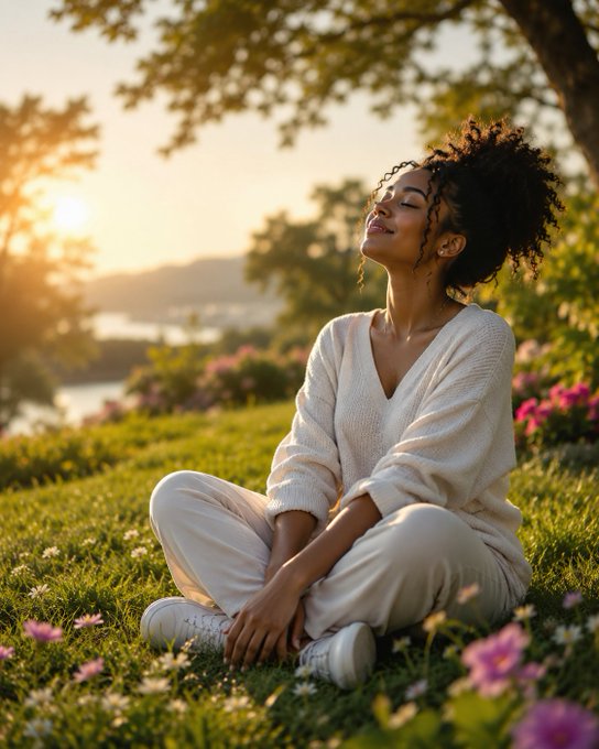 A young woman with curly hair wearing a cream-colored knit sweater sits cross-legged in a grassy field with pink wildflowers, smiling peacefully with her eyes closed under warm sunset lighting.