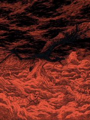 An abstract, heavily textured image in dark reds and blacks with a chaotic, fiber-like or feathery appearance.