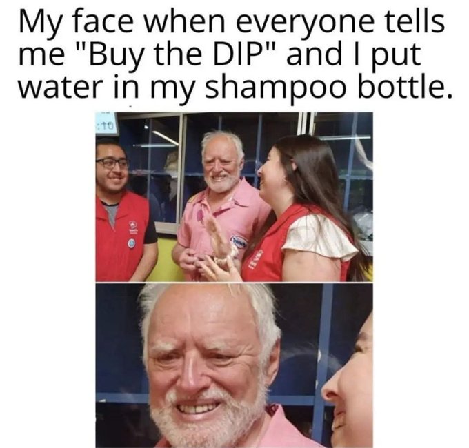 The image features a collage of three photos with different people's faces. The first photo shows an older man wearing a red shirt holding a cat, while the second photo depicts a woman wearing a pink shirt smiling at him. The third photo includes a man in a red shirt and another person in a white shirt also smiling at the older man. The caption below the image reads: "My face when everyone tells me 'buy the DIP' and I put water in my shampoo bottle."
