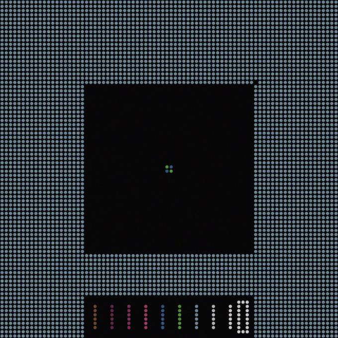 A pixelated display with a black center and a grid of blue dots around the border, featuring colored pixel columns at the bottom.