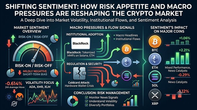 Infographic titled "SHIFTING SENTIMENT: HOW RISK APPETITE AND MACRO PRESSURES ARE RESHAPING THE CRYPTO MARKET" featuring sections on Market Sentiment Overview, Macro Pressures & Flow Signals, and Sentiment's Impact on Major Coins (BTC +1.06%, ETH +2.21%, SOL -0.29%, XRP -1.12%).