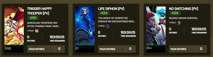 Three digital promotional cards reading 'TRIGGER HAPPY TROOPER [PV]', 'LIFE SIPHON [PV]', and 'NO SWITCHING [PV]', all showing '0 ENTRIES' and a countdown of '163:59:05'.