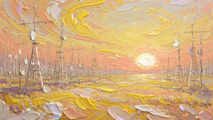 An impasto-style painting depicting a sunset landscape with radio/cell towers in warm yellow and orange tones.