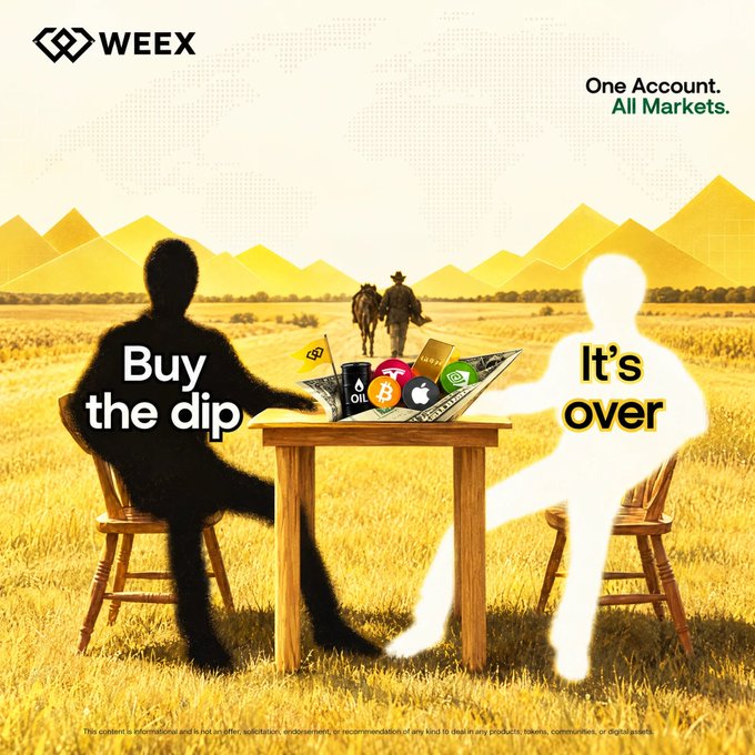 An advertisement for WEEX with the tagline 'One Account. All Markets.' shows two silhouettes at a table; one is black saying 'Buy the dip' and one is white saying 'It's over', with various cryptocurrency logos between them.