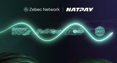 A dark graphic displays 'Zebec Network' and 'NATPAY' logos alongside other cryptocurrency icons including BTC, Solana, and BNB, connected by a glowing cyan waveform.