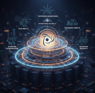 A futuristic tech graphic highlighting an enterprise hub with labels including 'ENTERPRISE WORKFLOWS,' 'INTERNATIONAL RELIABILITY,' 'TOKENIZED ASSETS,' 'AI-DRIVEN COORDINATION,' 'SCALABILITY,' and 'QUANTUM SECURITY.'