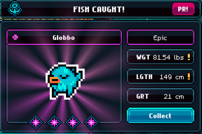 A pixel-art game screen shows a 'FISH CAUGHT!' notification for an 'Epic' fish called 'Globbo' weighing 81.54 lbs and 149 cm long, with a 'Collect' button.