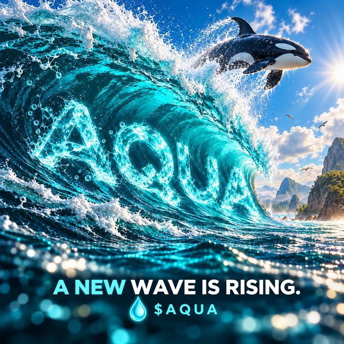 A promotional image showing a killer whale leaping out of a wave with 'AQUA' spelled out in water, with text at the bottom reading 'A NEW WAVE IS RISING. $AQUA'.