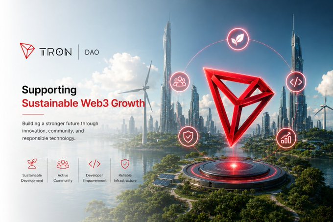 A promotional graphic for 'TRON DAO' titled 'Supporting Sustainable Web3 Growth' featuring a futuristic city, wind turbines, and icons for Sustainable Development, Active Community, Developer Empowerment, and Reliable Infrastructure.