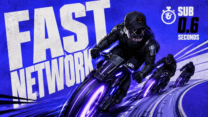 A stylized blue graphic features three masked motorcyclists with the text 'FAST NETWORK' and a stopwatch icon indicating 'SUB 0.6 SECONDS'.