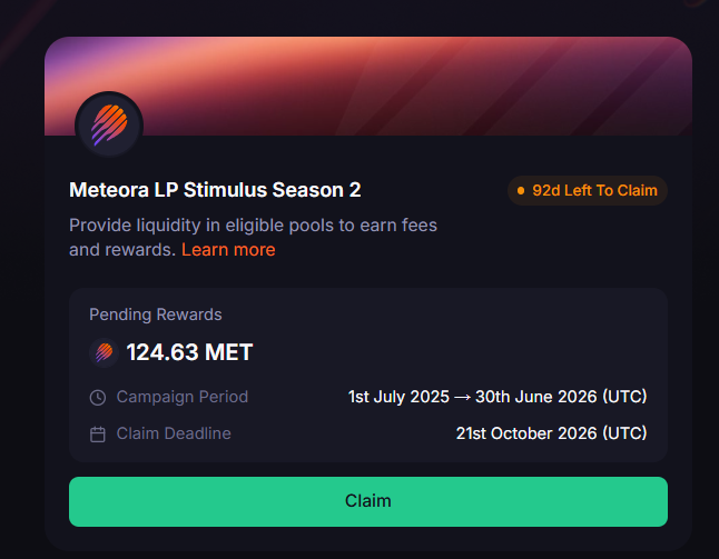 The image shows a Meteora LP Stimulus Season 2 claim interface displaying 124.63 MET in pending rewards, with a green "Claim" button and notes that 92 days remain to claim by the 21st October 2026 deadline—matching the poster's announcement about claiming their second Meteora airdrop worth approximately $20.