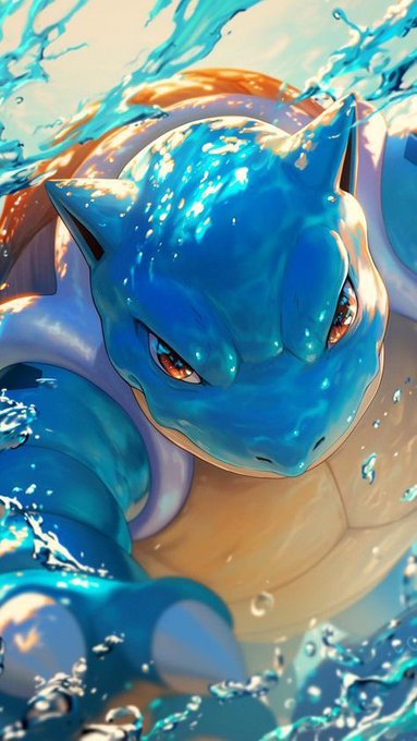 Digital illustration of Blastoise, a blue water-type Pokémon, emerging from splashing water.